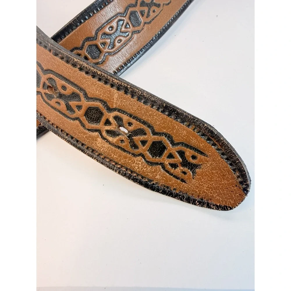 Hand Tooled Leather Belt Black Geometric Accents Vintage 38